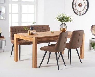 View Thetford 150cm oak dining table with thetford 45cm oak extensions with 4 brown larson chairs with 2 brown benches View Thetford 150cm oak dining table with thetford 45cm oak extensions with 4 brown larson chairs with 2 brown benches