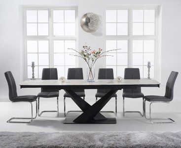 View Extending jacob 180cm white ceramic dining table with 10 grey gianni chairs View Extending jacob 180cm white ceramic dining table with 10 grey gianni chairs