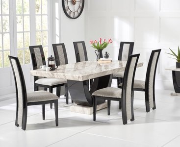 View Novara 200cm cream and black pedestal marble dining table with 12 black novara chairs View Novara 200cm cream and black pedestal marble dining table with 12 black novara chairs