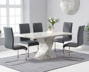 View Aaron 160cm marble white dining table with 8 white austin chairs View Aaron 160cm marble white dining table with 8 white austin chairs