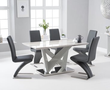 View Marcella 150cm marble effect high gloss light grey dining table with 4 black aldo chairs View Marcella 150cm marble effect high gloss light grey dining table with 4 black aldo chairs