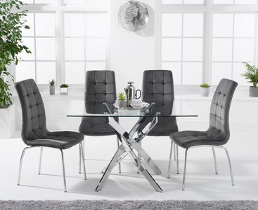 View Bernini 120cm rectangular glass dining table with 4 grey enzo chairs View Bernini 120cm rectangular glass dining table with 4 grey enzo chairs