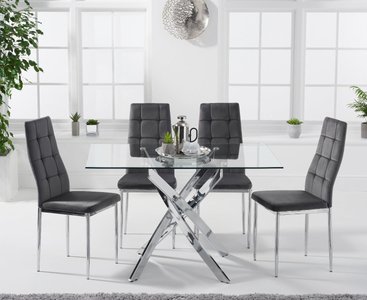 View Bernini 120cm rectangular glass dining table with 4 grey angelo chairs View Bernini 120cm rectangular glass dining table with 4 grey angelo chairs