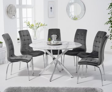 View Comiso 120cm round white marble dining table with 4 grey enzo chairs View Comiso 120cm round white marble dining table with 4 grey enzo chairs
