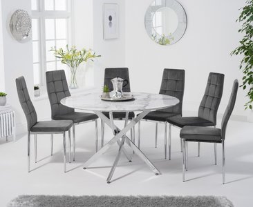 View Comiso 120cm round white marble dining table with 6 grey angelo chairs View Comiso 120cm round white marble dining table with 6 grey angelo chairs