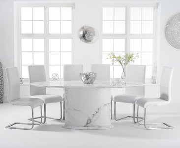 View Colby 200cm white oval marble dining table with 6 white malaga chairs View Colby 200cm white oval marble dining table with 6 white malaga chairs