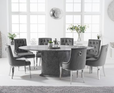 View Colby 200cm grey oval marble dining table with 6 grey sienna chairs View Colby 200cm grey oval marble dining table with 6 grey sienna chairs