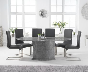 View Colby 200cm grey oval marble dining table with 8 black austin chairs View Colby 200cm grey oval marble dining table with 8 black austin chairs