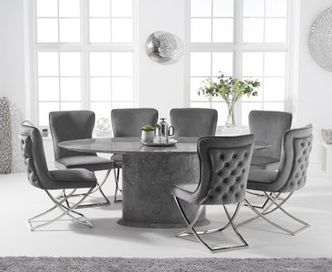 View Colby 200cm grey oval marble dining table with 6 grey lorenzo chairs View Colby 200cm grey oval marble dining table with 6 grey lorenzo chairs