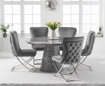 View Ravello 130cm round grey marble dining table with 6 grey lorenzo chairs View Ravello 130cm round grey marble dining table with 6 grey lorenzo chairs