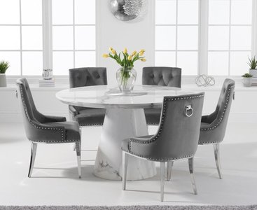 View Ravello 130cm round white marble dining table with 4 grey sienna chairs View Ravello 130cm round white marble dining table with 4 grey sienna chairs
