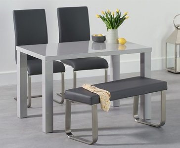 View Seattle 120cm light grey high gloss dining table with 4 grey austin chairs with 2 grey benches View Seattle 120cm light grey high gloss dining table with 4 grey austin chairs with 2 grey benches