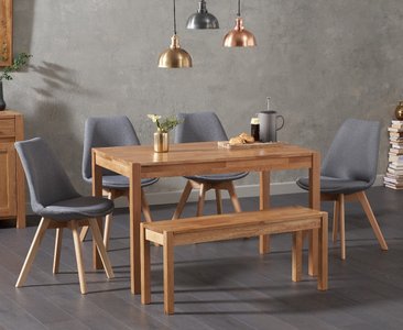 View York 150cm solid oak dining table with 2 light grey orson chairs with 1 oak bench View York 150cm solid oak dining table with 2 light grey orson chairs with 1 oak bench