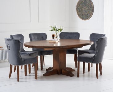 View Extending helmsley dark oak pedestal dining table with 6 grey keswick chairs View Extending helmsley dark oak pedestal dining table with 6 grey keswick chairs