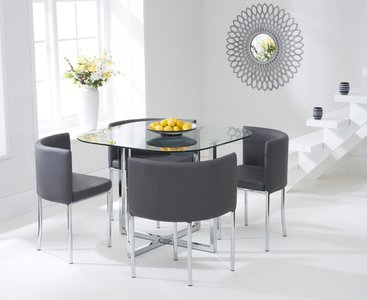 View Algarve clear glass dining table with 4 grey rhodes chairs View Algarve clear glass dining table with 4 grey rhodes chairs