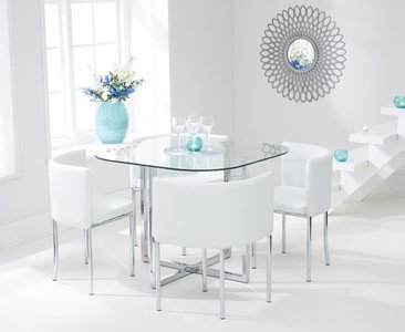 View Algarve clear glass dining table with 4 white rhodes chairs View Algarve clear glass dining table with 4 white rhodes chairs