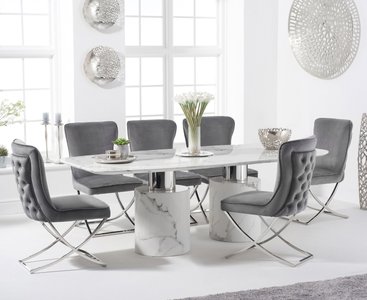 View Antonio 180cm white marble dining table with 8 grey lorenzo chairs View Antonio 180cm white marble dining table with 8 grey lorenzo chairs