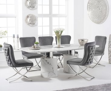 View Antonio 220cm white marble dining table with 8 grey lorenzo chairs View Antonio 220cm white marble dining table with 8 grey lorenzo chairs