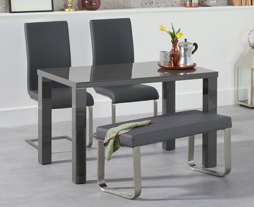 View Seattle 120cm dark grey high gloss dining table with 4 grey austin chairs with 1 grey bench View Seattle 120cm dark grey high gloss dining table with 4 grey austin chairs with 1 grey bench