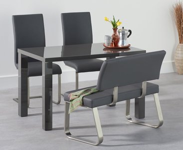 View Seattle 120cm dark grey high gloss dining table with 2 grey austin chairs with 1 grey bench View Seattle 120cm dark grey high gloss dining table with 2 grey austin chairs with 1 grey bench