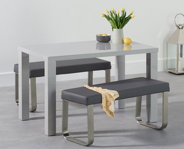 View Seattle 120cm light grey high gloss dining table with 2 grey benches View Seattle 120cm light grey high gloss dining table with 2 grey benches
