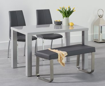View Seattle 120cm light grey high gloss dining table with 4 grey marco chairs with 1 grey bench View Seattle 120cm light grey high gloss dining table with 4 grey marco chairs with 1 grey bench