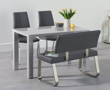View Seattle 120cm light grey high gloss dining table with 2 grey marco chairs with 1 grey bench View Seattle 120cm light grey high gloss dining table with 2 grey marco chairs with 1 grey bench