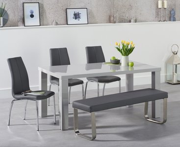 View Seattle 160cm light grey high gloss dining table with 2 grey marco chairs with 1 grey bench View Seattle 160cm light grey high gloss dining table with 2 grey marco chairs with 1 grey bench