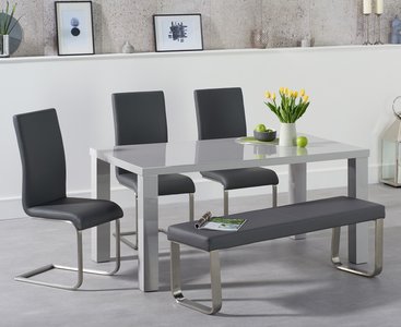 View Seattle 160cm light grey high gloss dining table with 4 grey austin chairs with 1 grey bench View Seattle 160cm light grey high gloss dining table with 4 grey austin chairs with 1 grey bench