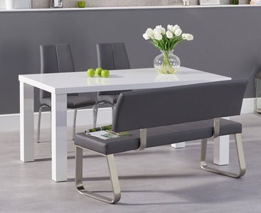 View Seattle 160cm white high gloss dining table with 2 grey marco chairs with 1 grey bench View Seattle 160cm white high gloss dining table with 2 grey marco chairs with 1 grey bench