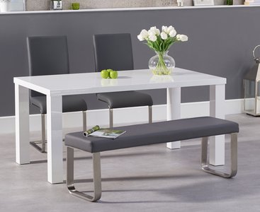 View Seattle 160cm white high gloss dining table with 4 grey austin chairs with 1 grey bench View Seattle 160cm white high gloss dining table with 4 grey austin chairs with 1 grey bench
