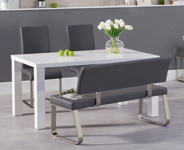 View Seattle 160cm white high gloss dining table with 2 grey austin chairs with 1 grey bench View Seattle 160cm white high gloss dining table with 2 grey austin chairs with 1 grey bench