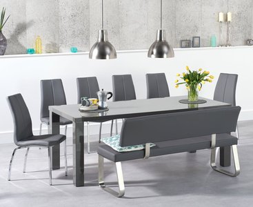 View Seattle 200cm dark grey high gloss dining table with 2 grey marco chairs with 1 grey bench View Seattle 200cm dark grey high gloss dining table with 2 grey marco chairs with 1 grey bench