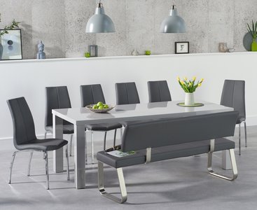 View Atlanta 200cm light grey high gloss dining table with 6 grey marco chairs with 1 grey bench View Atlanta 200cm light grey high gloss dining table with 6 grey marco chairs with 1 grey bench
