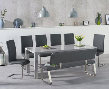 View Atlanta 200cm light grey high gloss dining table with 2 grey austin chairs with 2 grey benches View Atlanta 200cm light grey high gloss dining table with 2 grey austin chairs with 2 grey benches