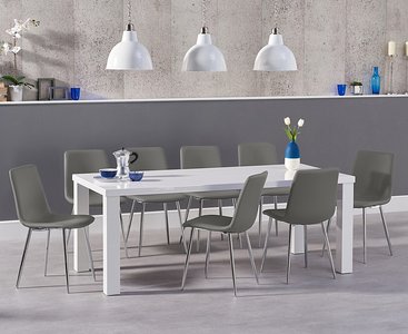 View Seattle 200cm white high gloss dining table with 8 grey chairs View Seattle 200cm white high gloss dining table with 8 grey chairs