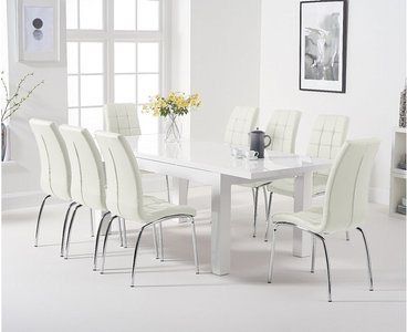 View Extending seattle 160cm white high gloss dining table with 10 cream enzo chairs View Extending seattle 160cm white high gloss dining table with 10 cream enzo chairs