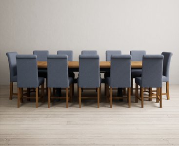 View Extending olympia 180cm oak and dark blue painted dining table with 10 brown scroll back chairs View Extending olympia 180cm oak and dark blue painted dining table with 10 brown scroll back chairs