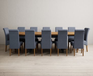 View Extending olympia 180cm oak and dark blue painted dining table with 10 brown scroll back chairs View Extending olympia 180cm oak and dark blue painted dining table with 10 brown scroll back chairs
