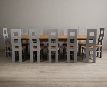 View Extending olympia 180cm oak and light grey painted dining table with 12 light grey painted chairs View Extending olympia 180cm oak and light grey painted dining table with 12 light grey painted chairs