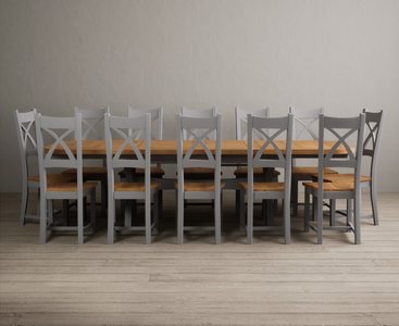 View Extending olympia 180cm oak and light grey painted dining table with 12 light grey painted chairs View Extending olympia 180cm oak and light grey painted dining table with 12 light grey painted chairs