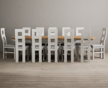 View Extending olympia 180cm oak and signal white painted dining table with 12 linen painted chairs View Extending olympia 180cm oak and signal white painted dining table with 12 linen painted chairs