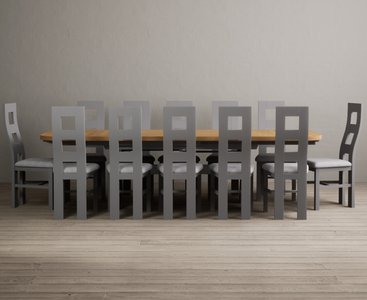 View Extending olympia 180cm oak and light grey painted dining table with 8 charcoal grey painted chairs View Extending olympia 180cm oak and light grey painted dining table with 8 charcoal grey painted chairs