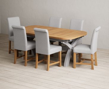 View Extending olympia 180cm oak and light grey painted dining table with 8 grey scroll back chairs View Extending olympia 180cm oak and light grey painted dining table with 8 grey scroll back chairs