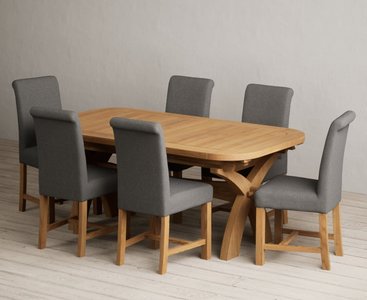 View Extending olympia 180cm solid oak dining table with 10 grey scroll back chairs View Extending olympia 180cm solid oak dining table with 10 grey scroll back chairs