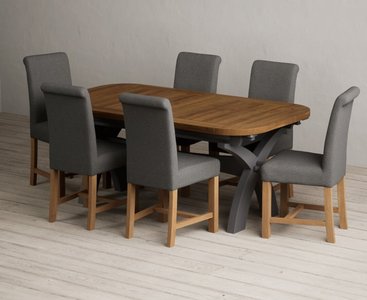 View Extending olympia 180cm oak and charcoal grey painted dining table with 8 grey scroll back chairs View Extending olympia 180cm oak and charcoal grey painted dining table with 8 grey scroll back chairs