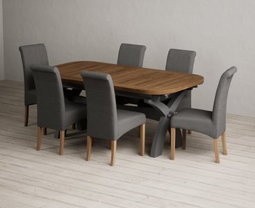 View Extending olympia 180cm oak and charcoal grey painted dining table with 8 grey scroll back chairs View Extending olympia 180cm oak and charcoal grey painted dining table with 8 grey scroll back chairs
