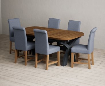 View Extending olympia 180cm oak and dark blue painted dining table with 8 blue scroll back chairs View Extending olympia 180cm oak and dark blue painted dining table with 8 blue scroll back chairs