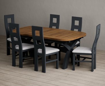 View Extending olympia 180cm oak and dark blue painted dining table with 6 blue painted chairs View Extending olympia 180cm oak and dark blue painted dining table with 6 blue painted chairs