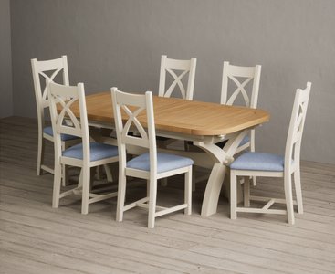 View Extending olympia 180cm oak and cream painted dining table with 12 linen painted chairs View Extending olympia 180cm oak and cream painted dining table with 12 linen painted chairs